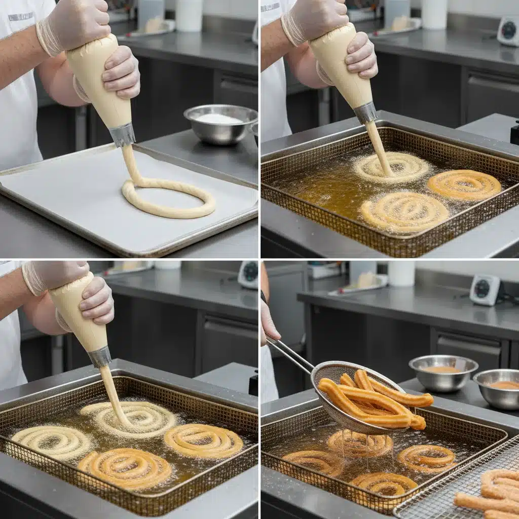 Mãos utilizando um saco de confeitar para despejar massa de churro em óleo quente, formando os tradicionais palitos crocantes.
