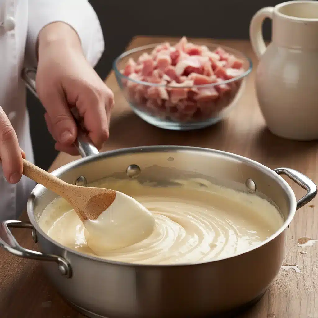 Mãos de chef misturando béchamel cremoso para croquetas com pedaços de jamón.