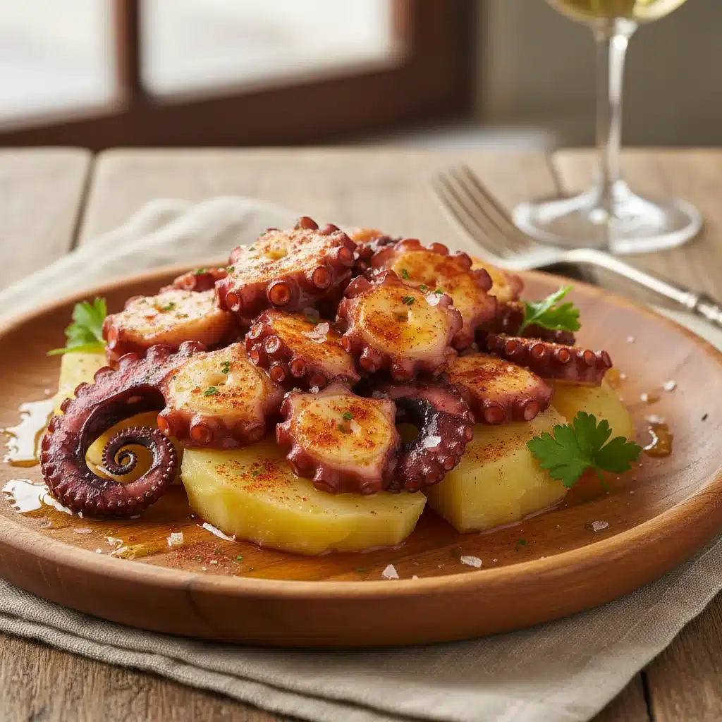 Polvo à Galega servido em prato de madeira com batatas e páprica