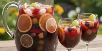 Jarra de sangria tradicional espanhola com 10 frutas frescas e gelo em uma mesa de verão ao ar livre.
