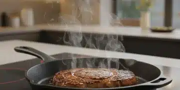 Sartén de hierro fundido moderna en una cocina, con un filete sellado, destacando la retención de calor.