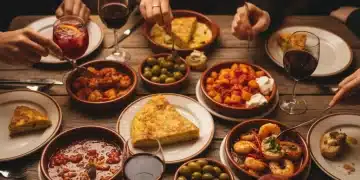 Variedad de tapas españolas en una mesa rústica, perfectas para compartir en reuniones caseras.