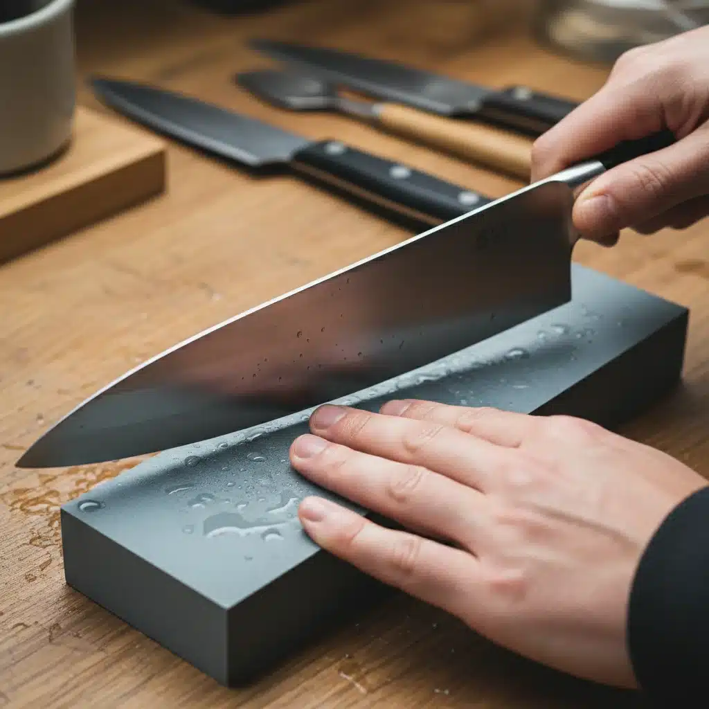 Manos afilando un cuchillo de chef con una piedra de afilar y agua.
