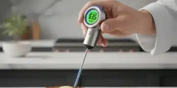 Chef utilizando un termómetro digital de cocina de alta precisión en un jugoso filete.