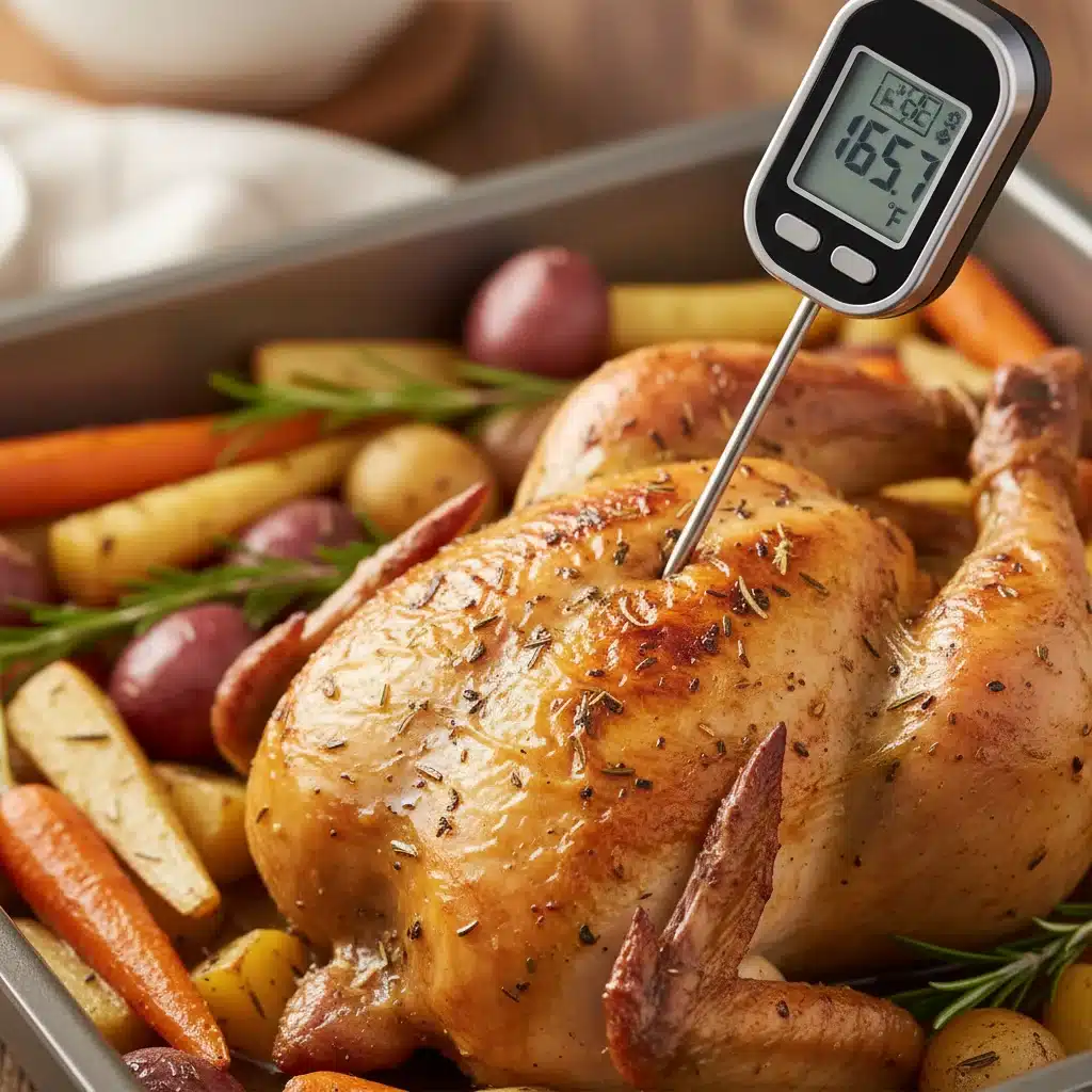 Termómetro digital de sonda insertado en un pollo asado, mostrando la temperatura interna.