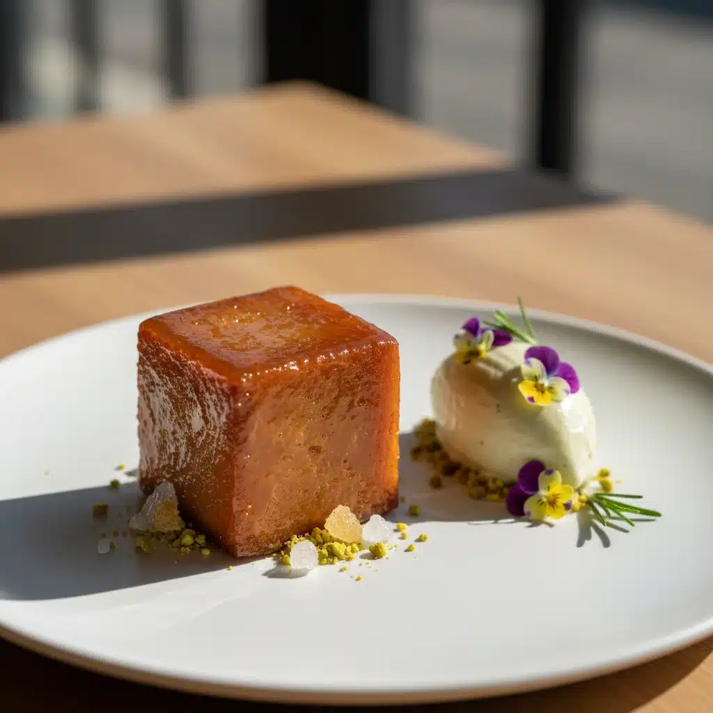 Torrija moderna en forma de esfera con glaseado de caramelo, acompañada de helado artesanal y flores comestibles.