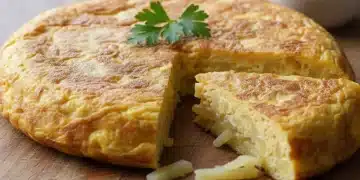Tortilla espanhola clássica recém-preparada, dourada e fatiada, sobre uma tábua de madeira rústica, com salsa fresca.
