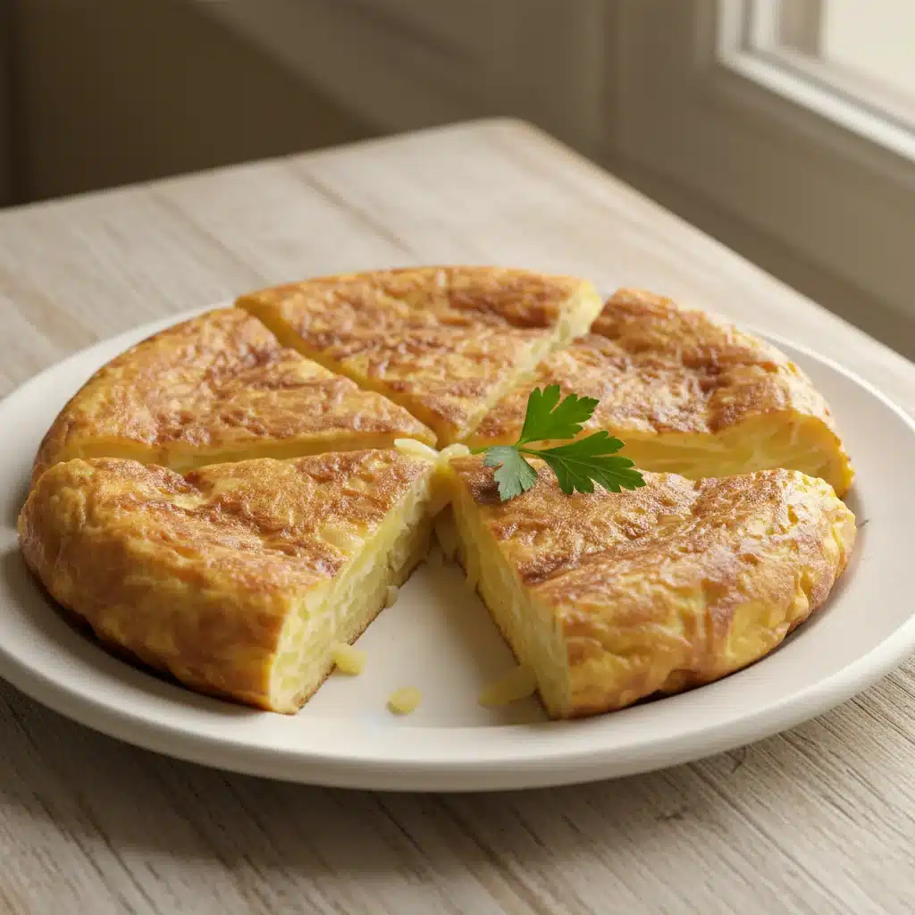 Primer plano de una jugosa tortilla de patatas recién hecha, lista para servir como tapa.