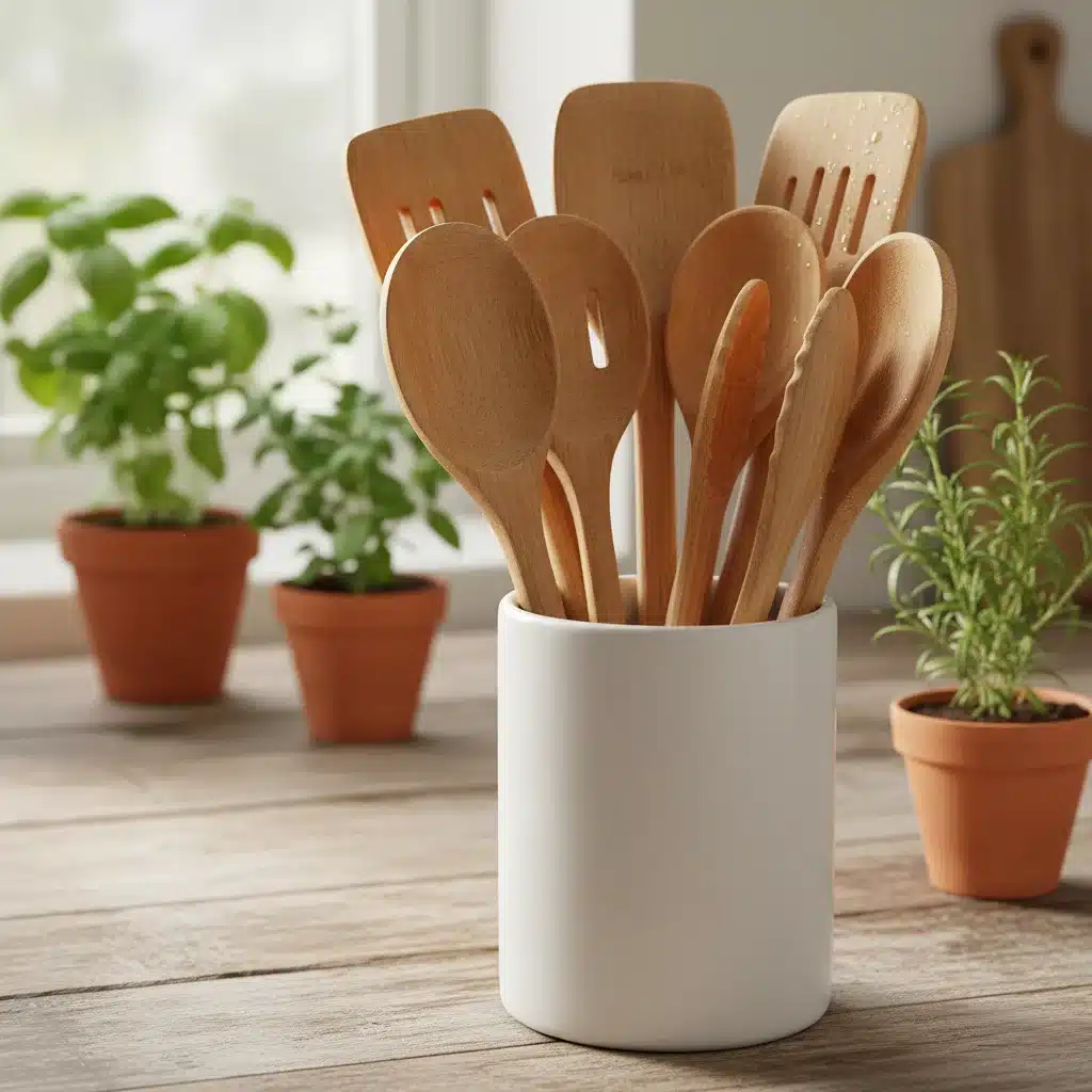 Conjunto de utensílios de bambu em um suporte, com plantas ao fundo, destacando a natureza e a sustentabilidade.