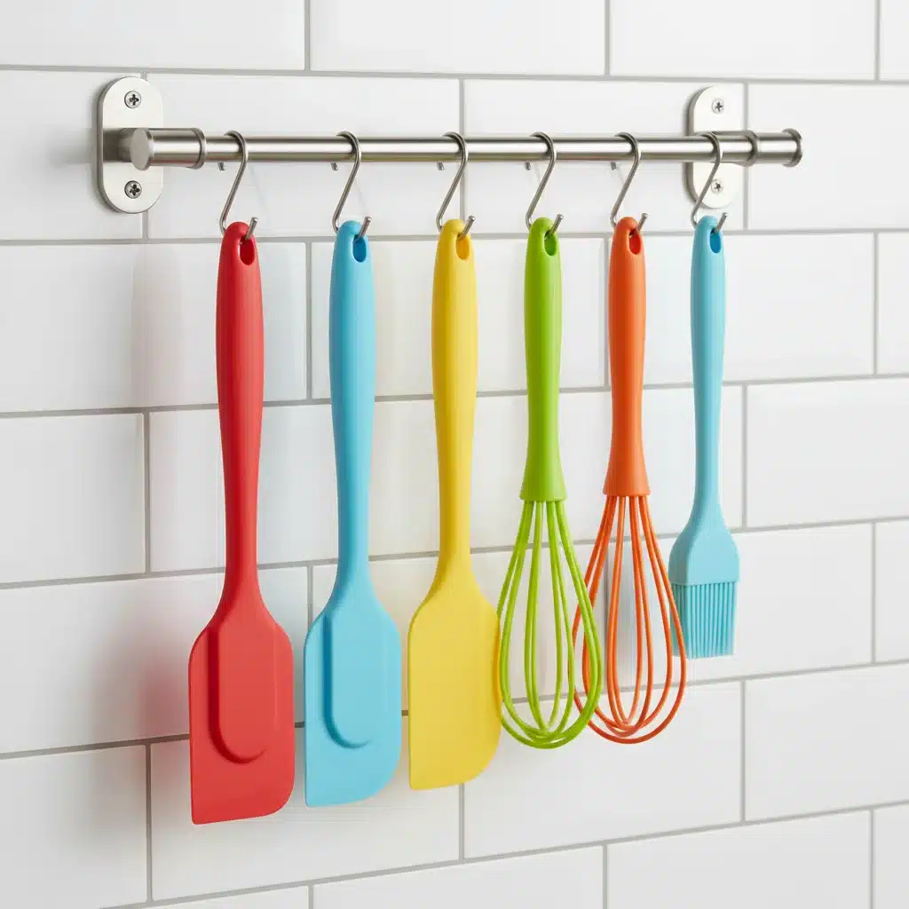 Utensílios de silicone coloridos pendurados em um suporte moderno na cozinha, enfatizando a versatilidade e o design.