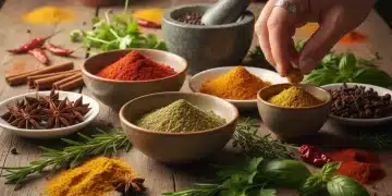 Variedade de temperos e especiarias coloridas dispostas artisticamente sobre uma mesa de madeira rústica, com uma mão sutilmente pegando um punhado de tempero.