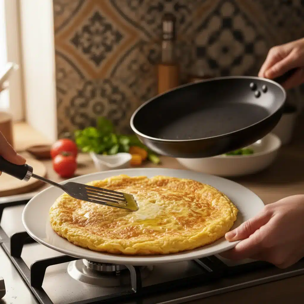 Mão virando cuidadosamente a tortilla espanhola de uma frigideira para outra usando um prato.