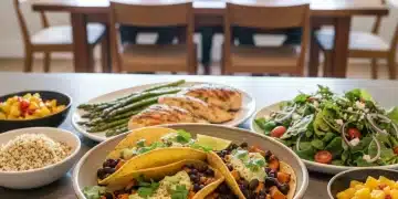 Delicious 5-ingredient dinner on a kitchen counter, ready to be served to a family.