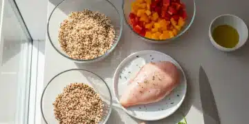 Overhead view of fresh ingredients for a 5-ingredient healthy meal, emphasizing quick preparation.