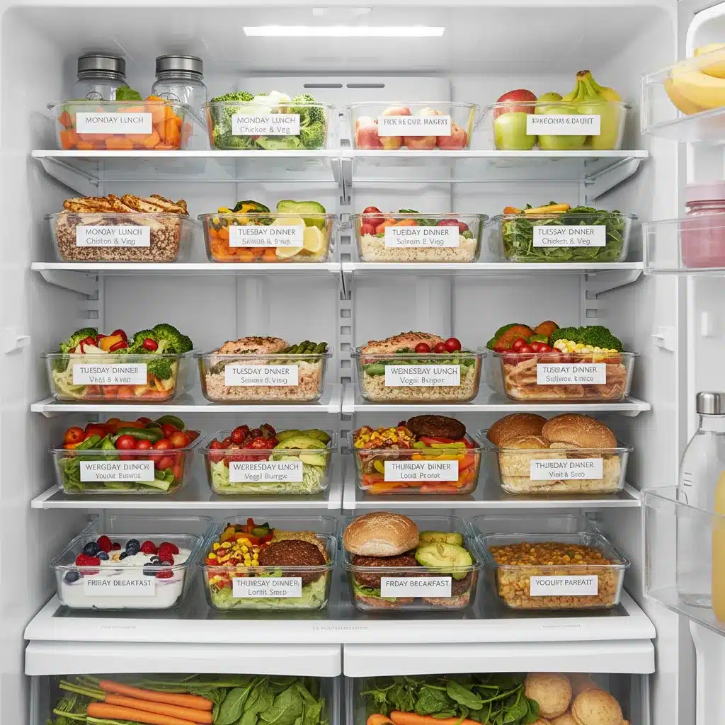 Colorful 5-ingredient meal prep containers organized in a refrigerator for healthy weeknight dinners.