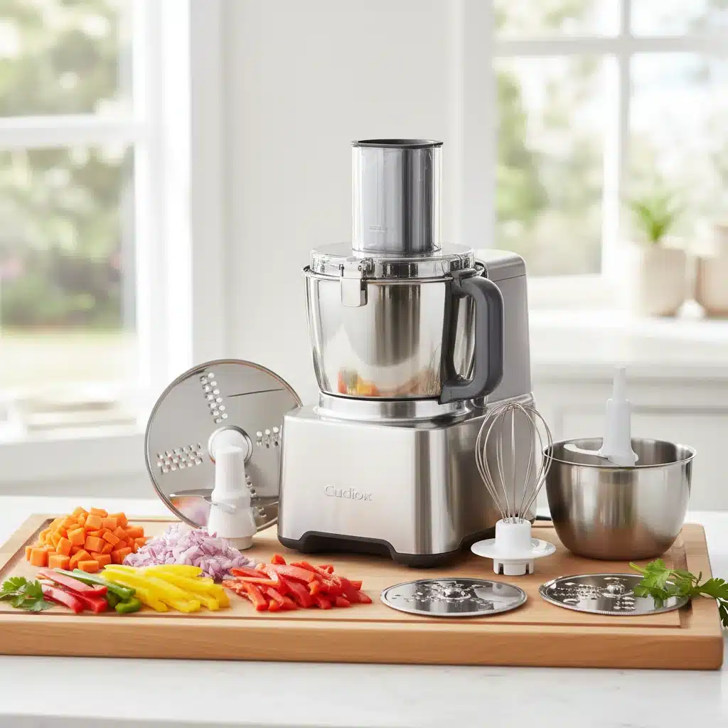 Advanced food processor with attachments and pre-chopped vegetables