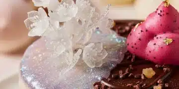 Four advanced sweet treat toppings on a gourmet dessert, showcasing innovative textures and colors.