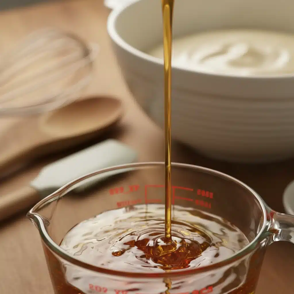 Agave nectar being poured into a measuring cup for baking.