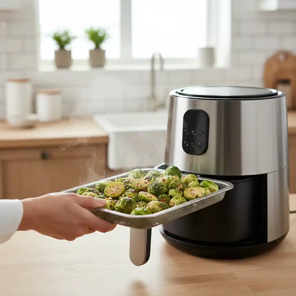 Hand placing seasoned Brussels sprouts into air fryer basket