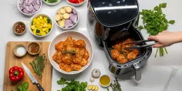 Modern air fryer on kitchen counter with fresh ingredients for quick meals
