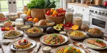 Variety of delicious allergy-friendly meals on a wooden table, fresh ingredients, healthy food.