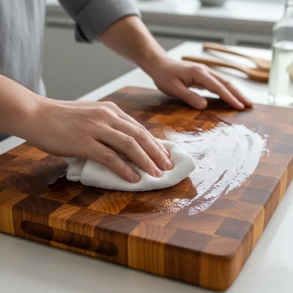 Aplicación de aceite mineral en tabla de cortar de madera para nutrirla