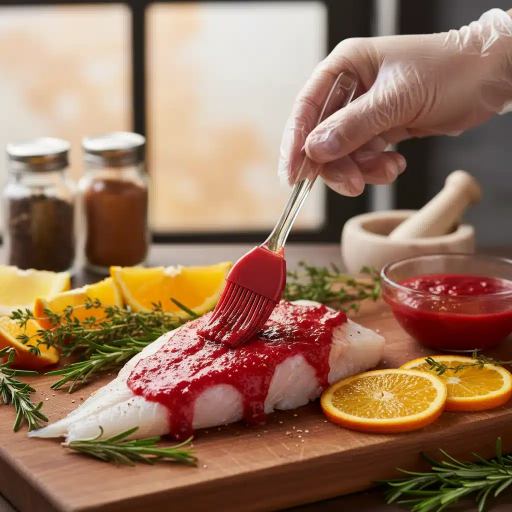 Mano aplicando un marinado rojo a un pescado blanco fresco, con hierbas aromáticas y cítricos alrededor, mostrando el proceso de marinado.