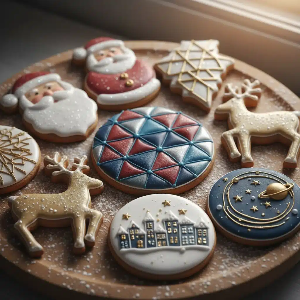 Intricately decorated gingerbread cookies with royal icing and metallic accents.