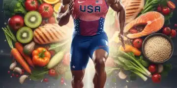 Dynamic athlete with healthy food background, symbolizing peak performance through optimal nutrition.