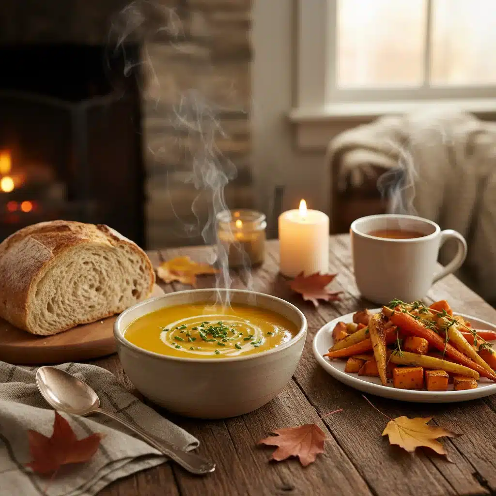 Hearty butternut squash soup with herbs and roasted vegetables