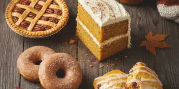 Assortment of autumn sweet treats on a rustic table with fall decor.