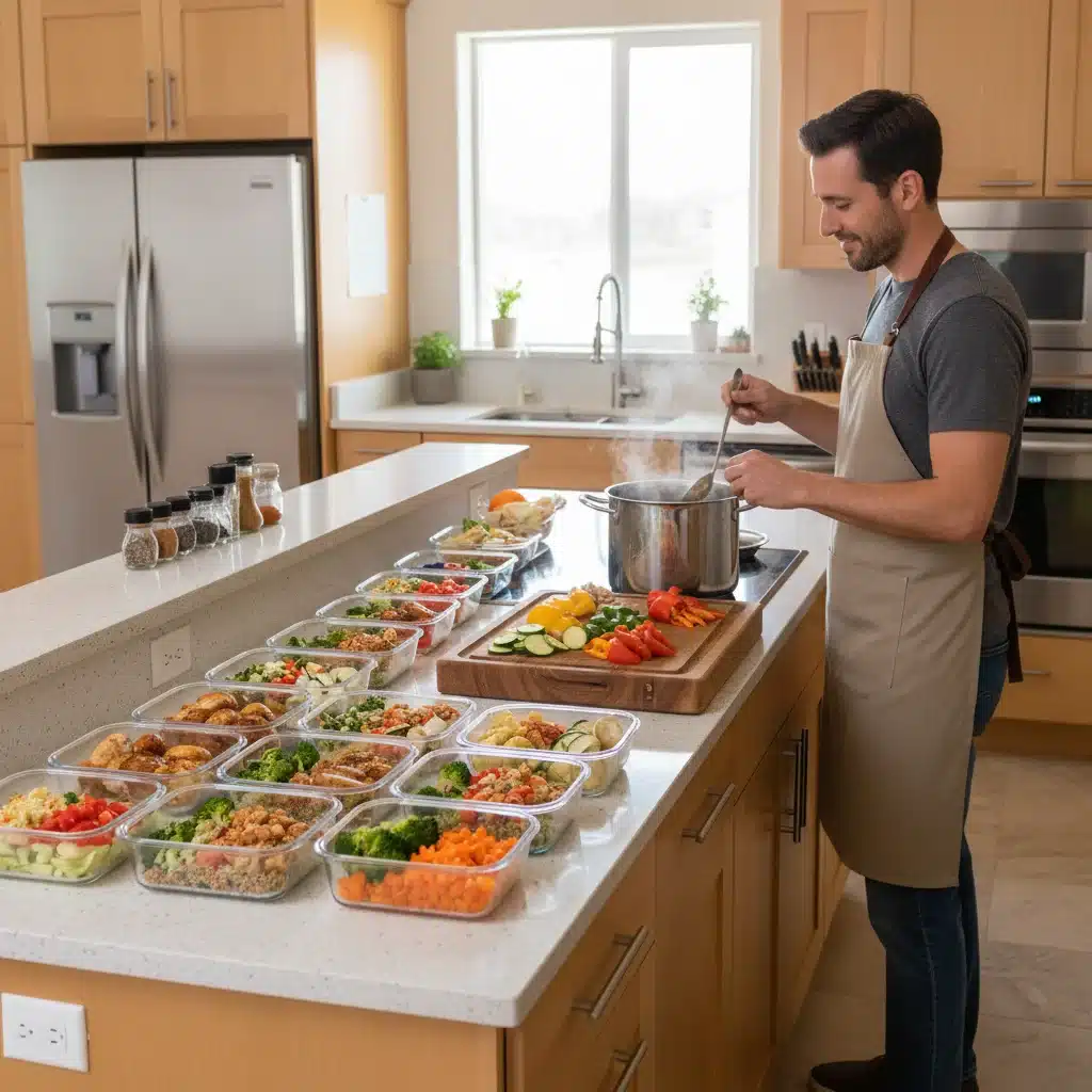 Person engaged in batch cooking, preparing multiple meals for the week ahead.