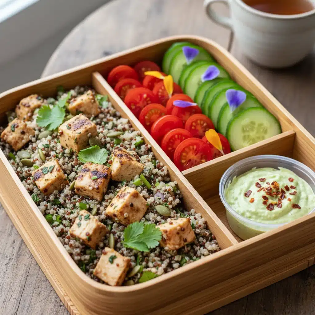 Organized bento box with quinoa salad, chicken, and fresh vegetables for lunch.