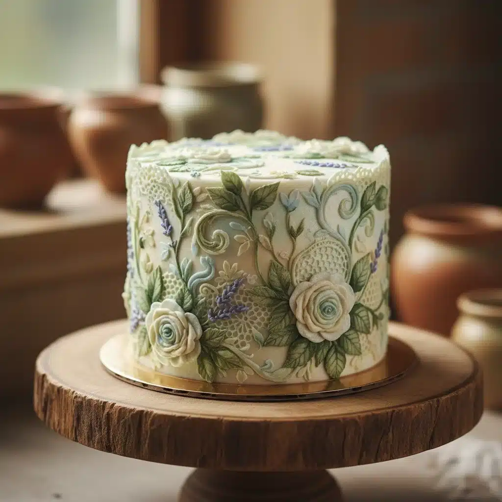 Intricate mini cake with botanical sugar paste and hand-painted details, highlighting artisanal craftsmanship.