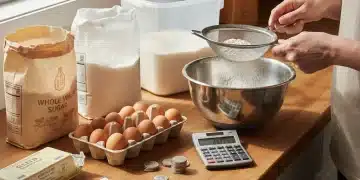 Budget-Friendly Baking: 7 Sweet Treat Hacks to Save Up to 15% on Groceries in 2026 Ingredients for budget baking with a calculator showing grocery savings