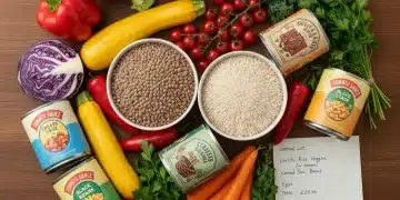 Colorful array of budget-friendly ingredients on a kitchen counter, symbolizing smart meal planning for affordable main dishes.
