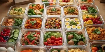 Meal prep containers with healthy, budget-friendly food on a kitchen counter for US families in 2026.