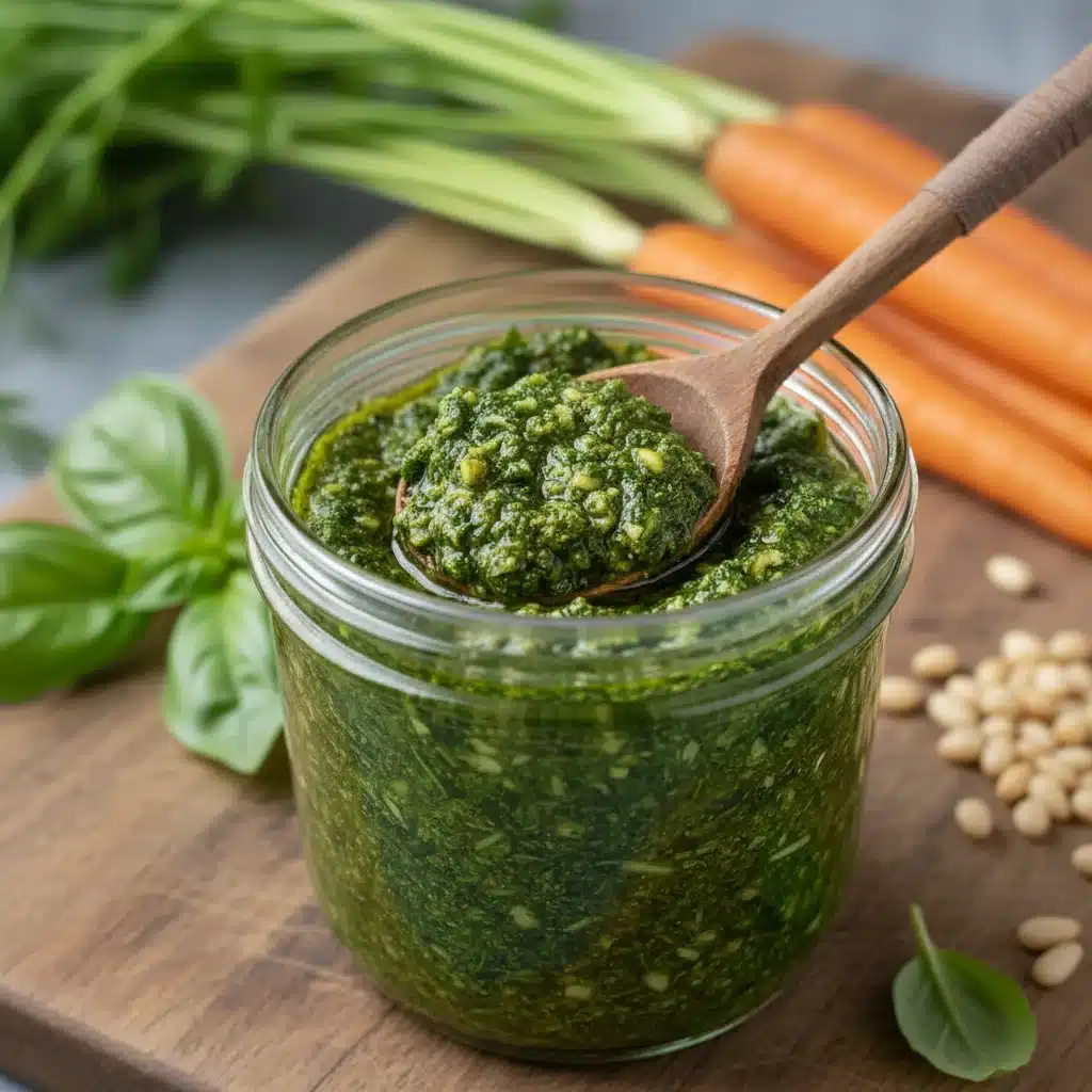 Homemade carrot top pesto in a glass jar, showcasing a creative use for vegetable scraps.