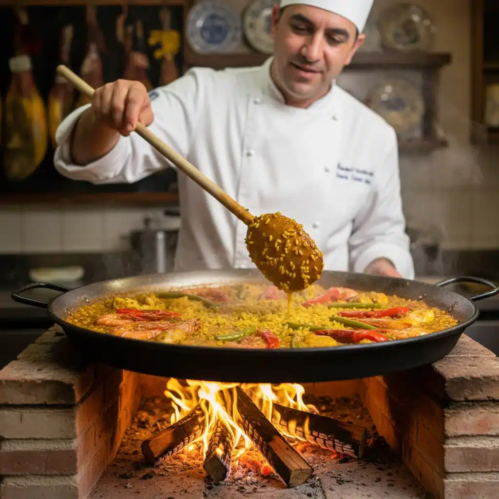 Chef espanhol adicionando caldo de açafrão ao arroz na paellera, técnica para paella perfeita.