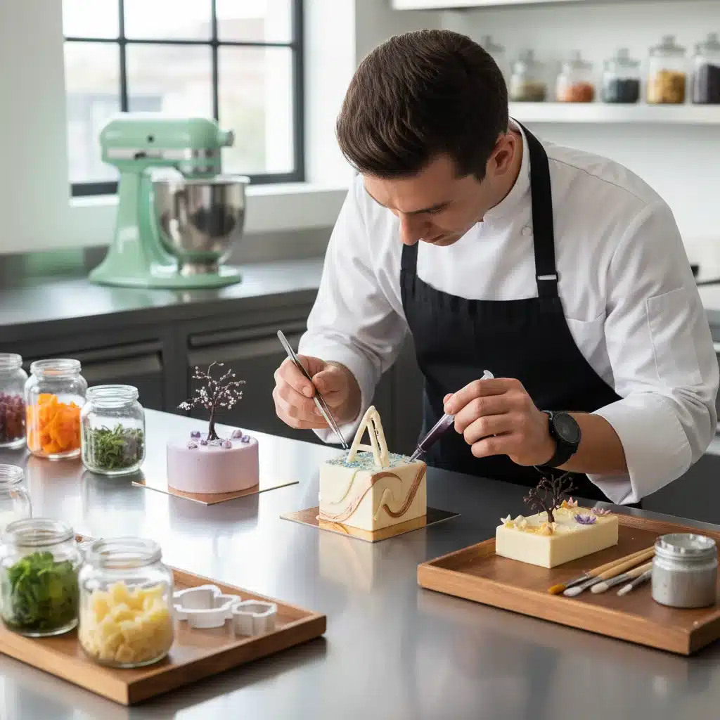 Chef decorating personalized mini-cakes with intricate details