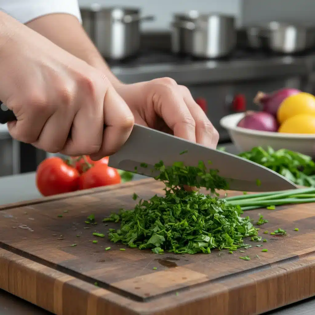 Chef's hands precisely dicing fresh herbs on a wooden board.