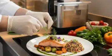 Chef's hands garnishing a vibrant healthy dish with fresh herbs in a modern kitchen.