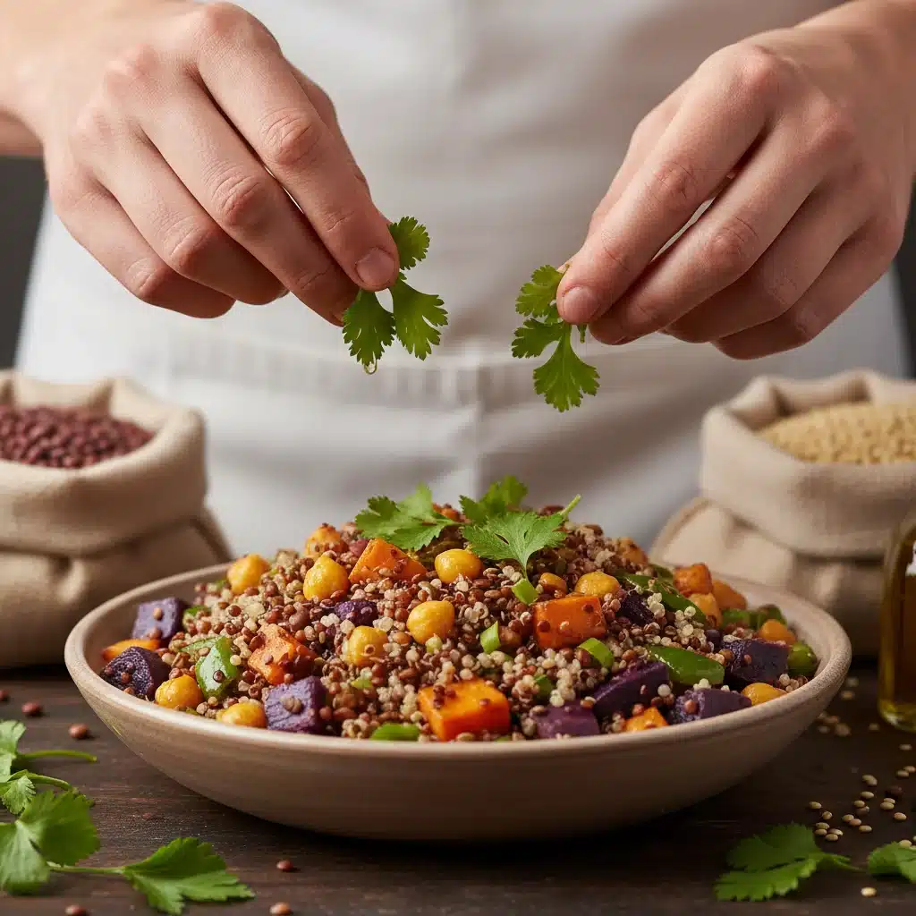 Chef preparing a plant-based meal with legumes and grains, highlighting sustainable and affordable protein.