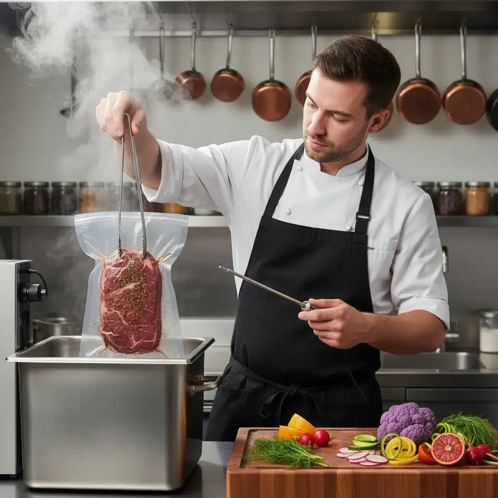 Chef utilizing sous-vide and precision cooking techniques for a main dish.