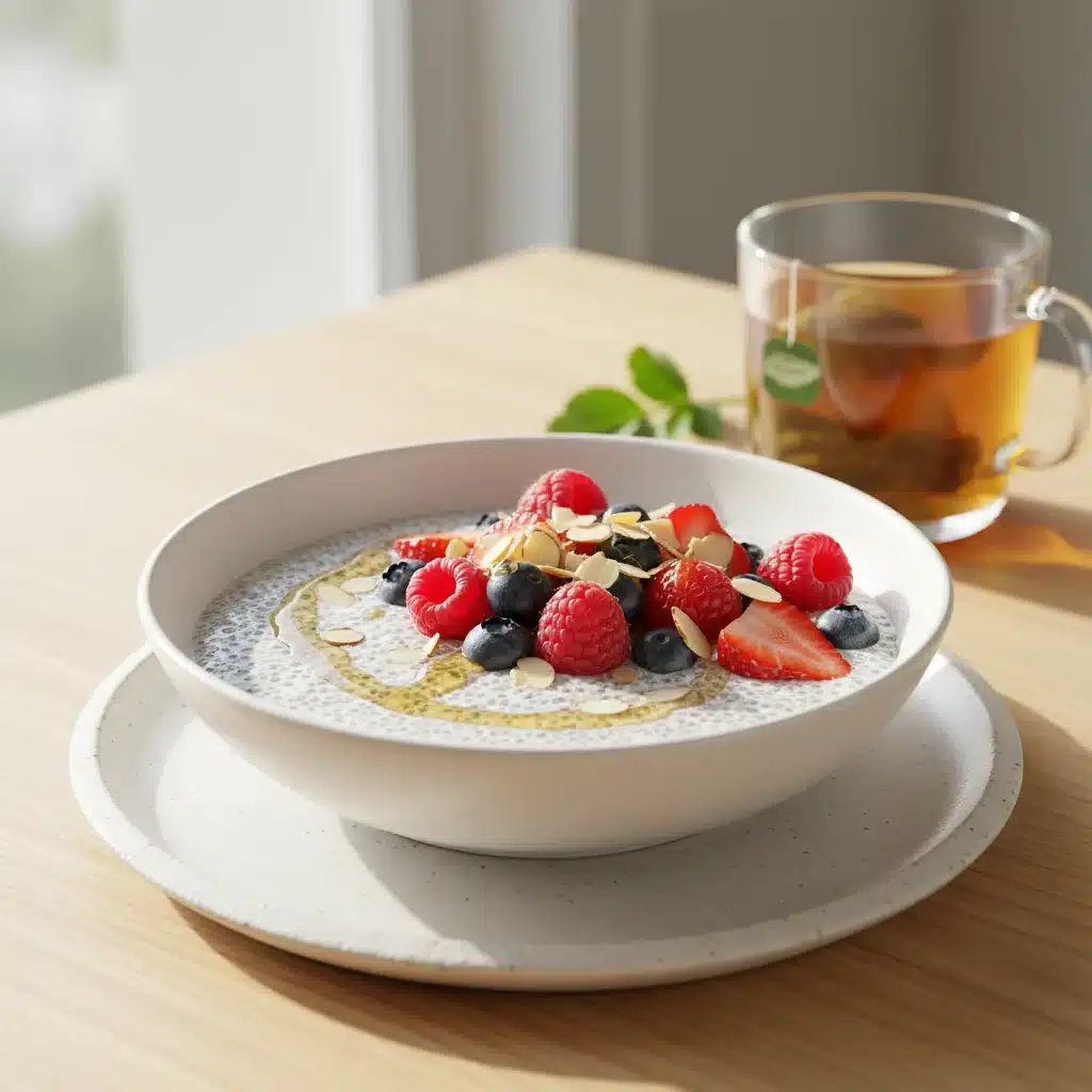 Chia seed pudding with berries and almonds, a healthy omega-3 breakfast.