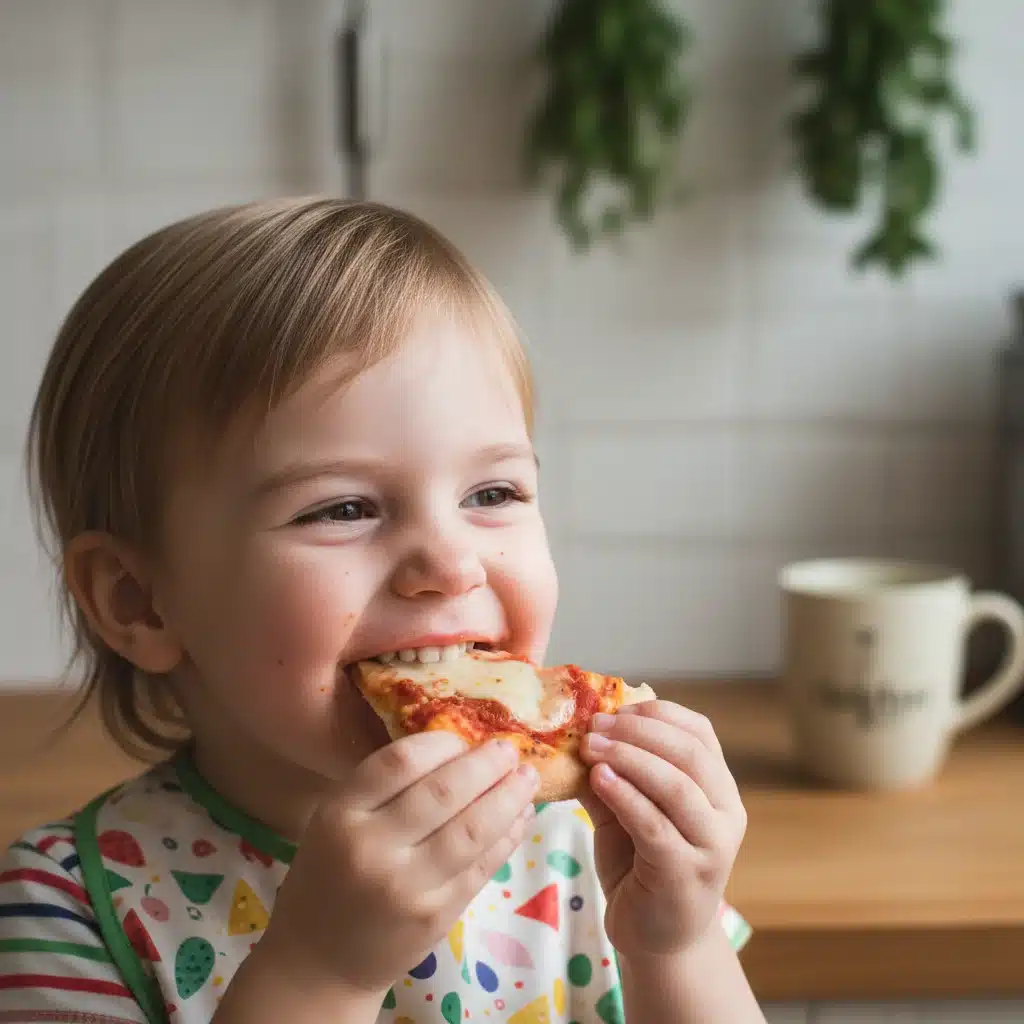 Happy child enjoying a homemade mini pizza, a perfect quick kid meal.