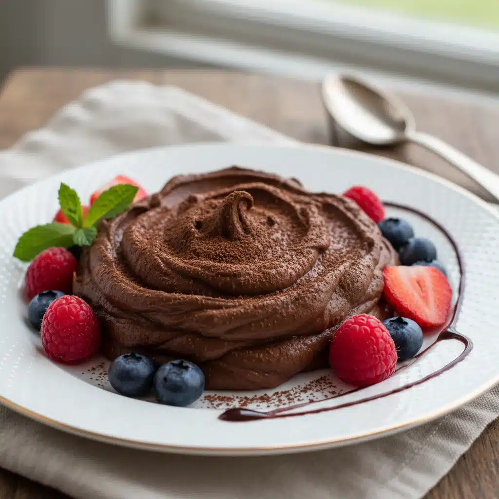 Decadent dairy-free and nut-free chocolate avocado mousse with fresh berries.