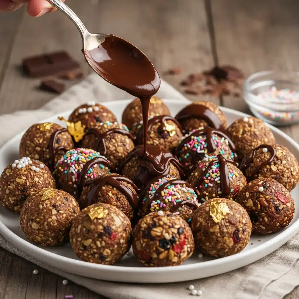 Drizzling chocolate on homemade energy bites.