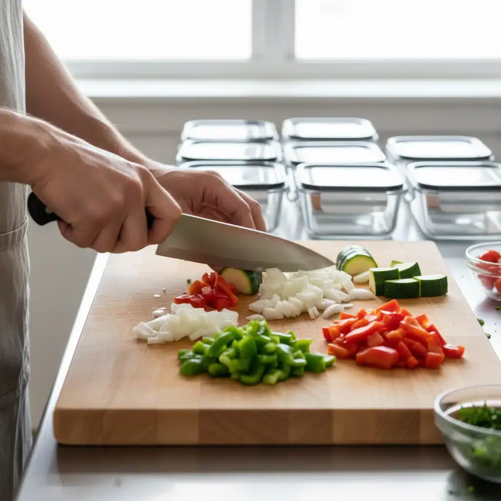 Hands expertly chopping fresh vegetables for quick meal preparation.