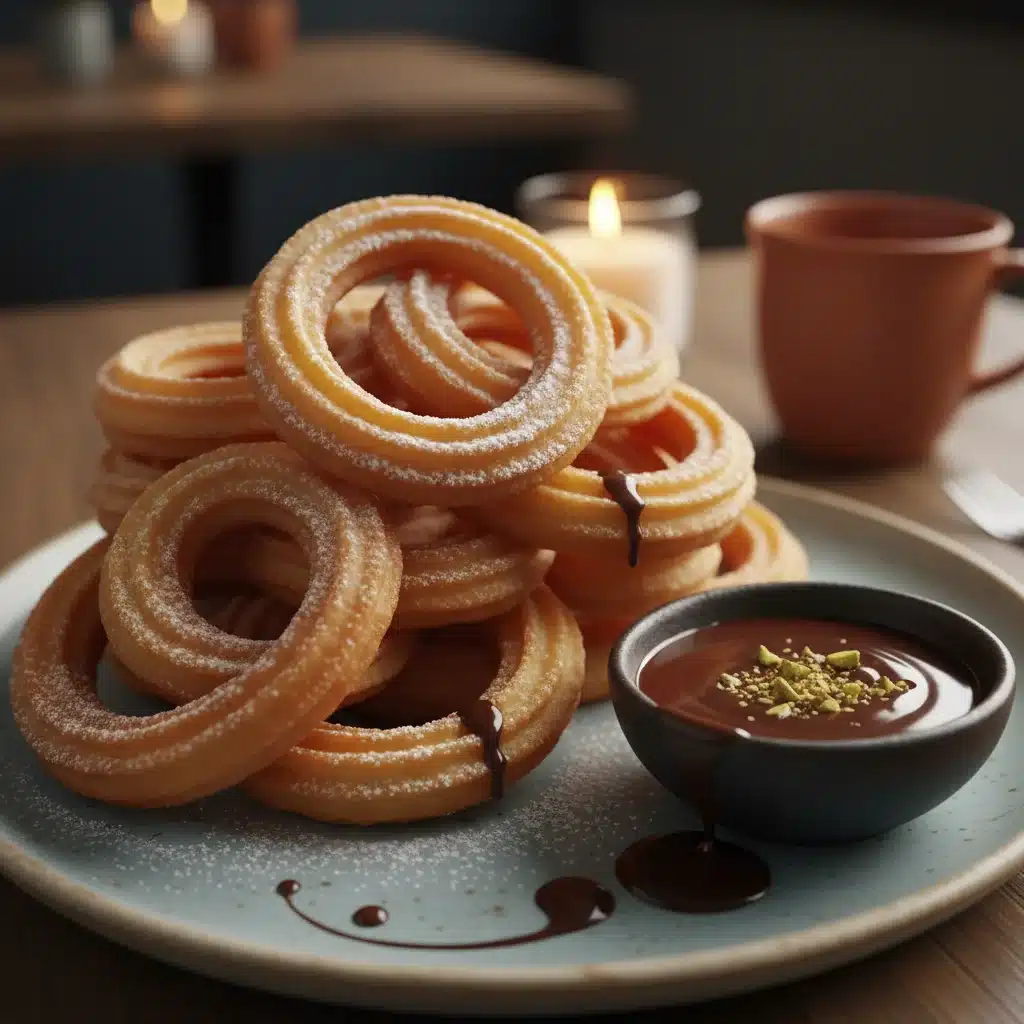 Crujientes churros sin gluten servidos con un cuenco de chocolate caliente para mojar.